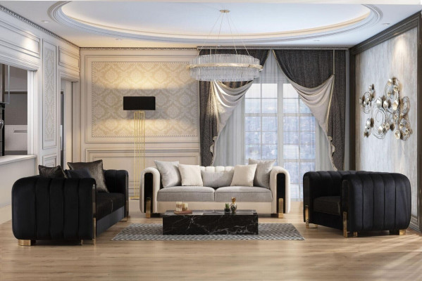 Moderne Sofagarnitur 2x Dreisitzer + Sessel Polstermöbel Edelstahl möbel 3tlg