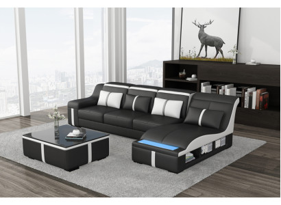 Design Eck Sofa USB LED + Tisch Polster Eck Sitz Leder Garnitur Wohnlandschaft