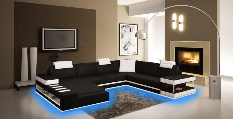 XXL Wohnlandschaft U Form Ledersofa Polster Ecksofa Sofa Couch Leder Textil USB